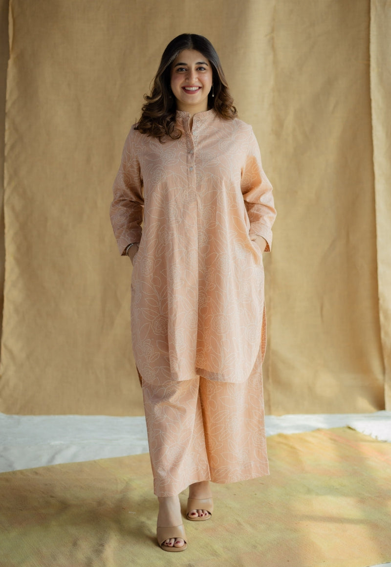 Yashi Peach Hand Block Print Slub Cotton Straight Pant