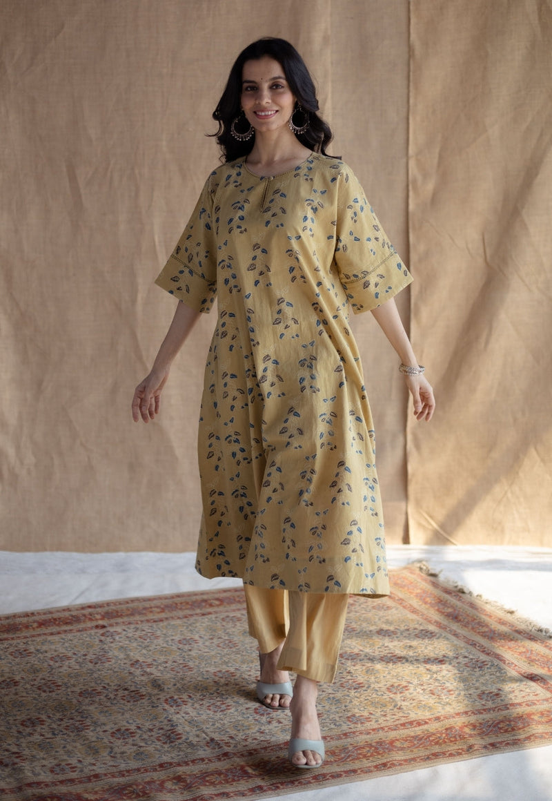 Anu Yellow Ajrakh Cotton A Line Kurta with Hand Embroidery