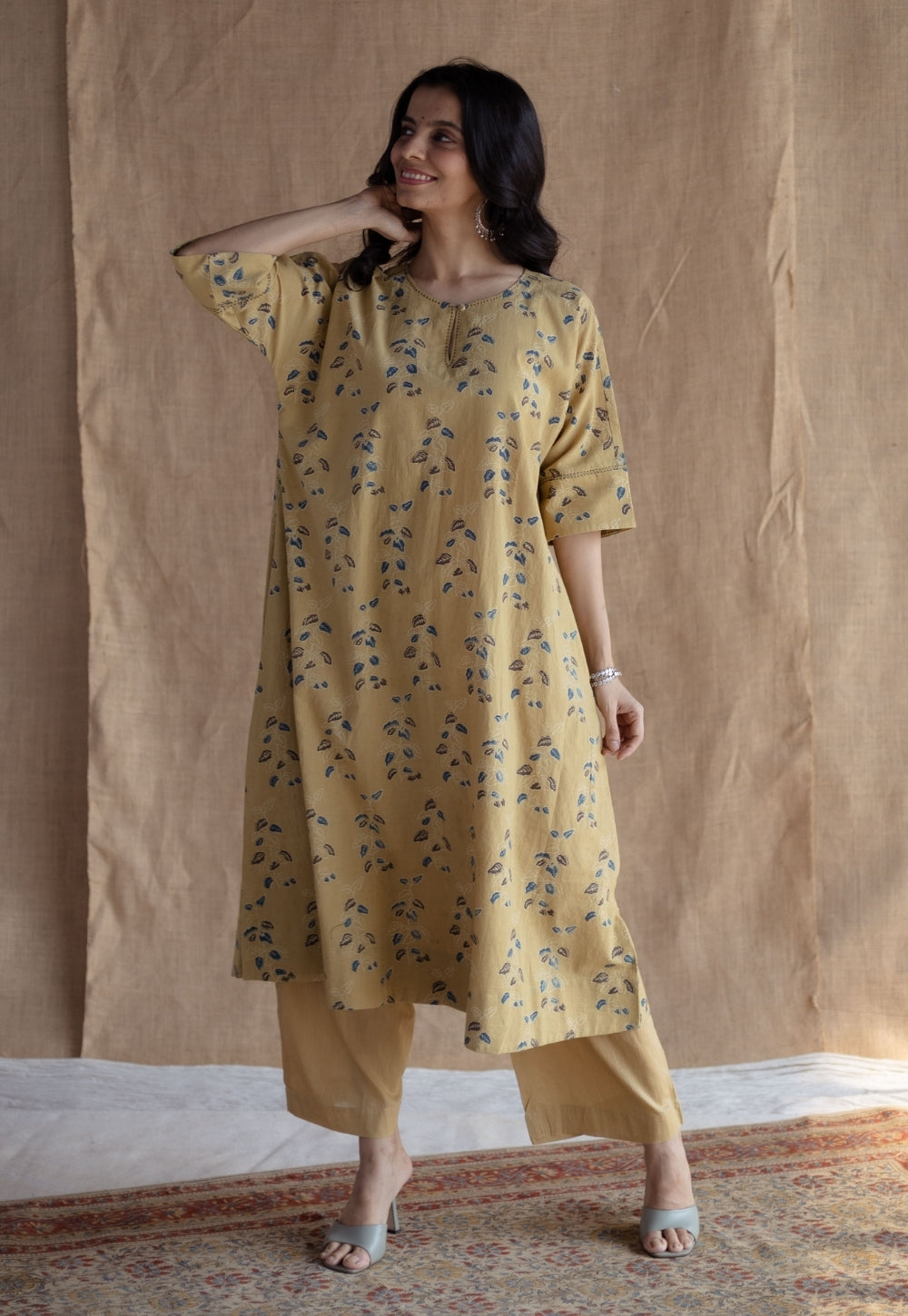 Anu Yellow Ajrakh Cotton A Line Kurta with Hand Embroidery