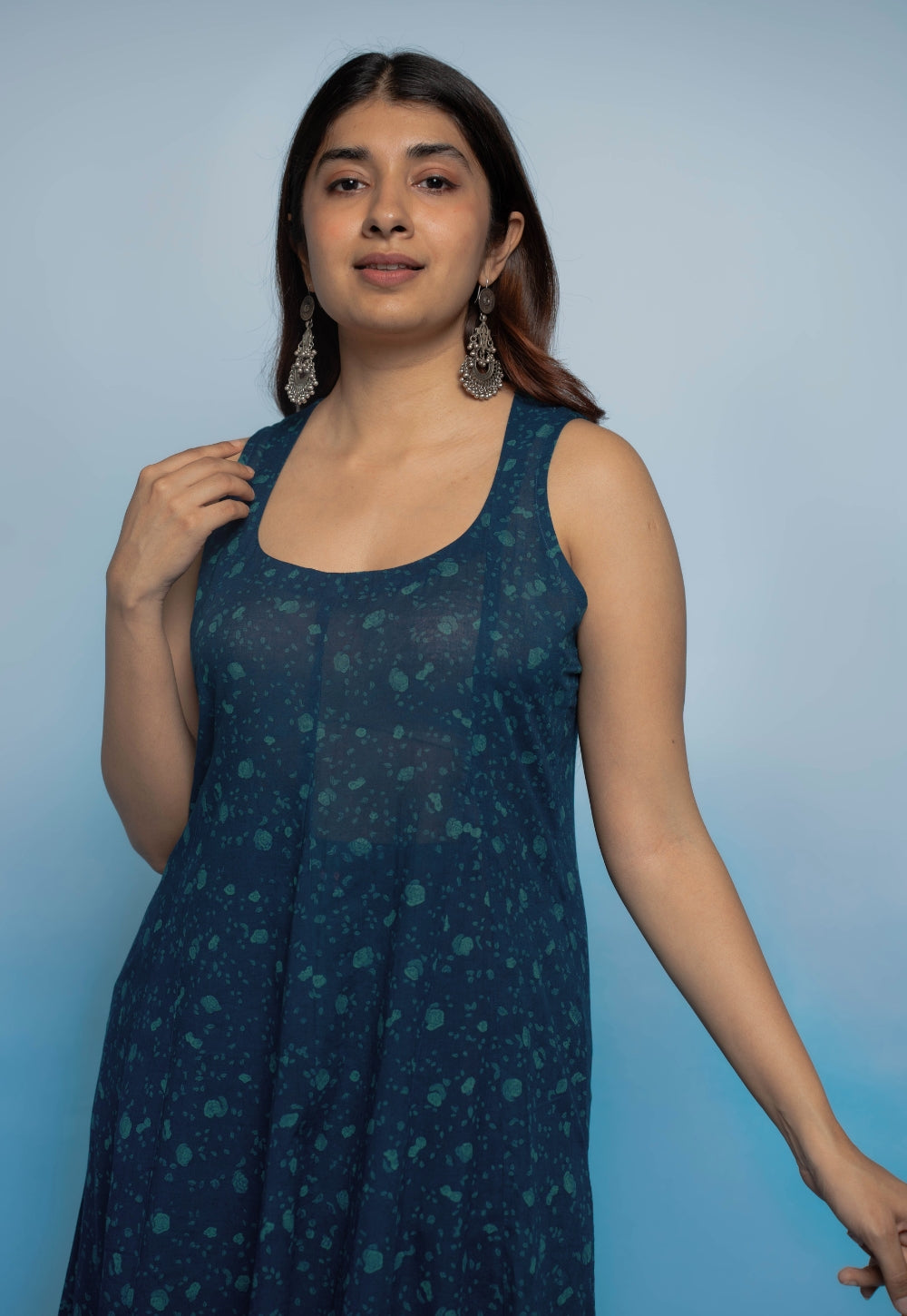 Tia Blue Dabu Mul Cotton Kali Kurta