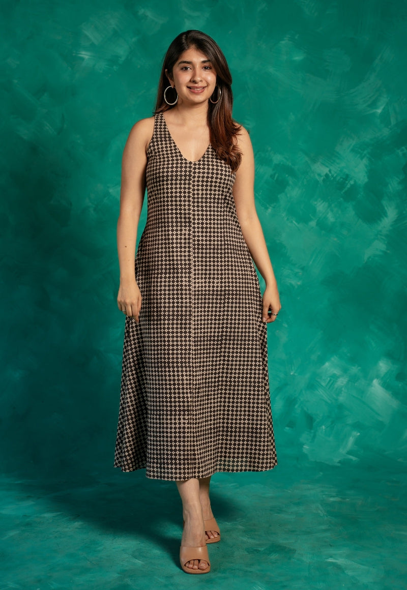Mizoya Black Bagru Cotton A Line Dress