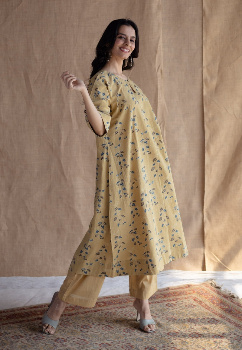 Anu Yellow Ajrakh Cotton A Line Kurta with Hand Embroidery