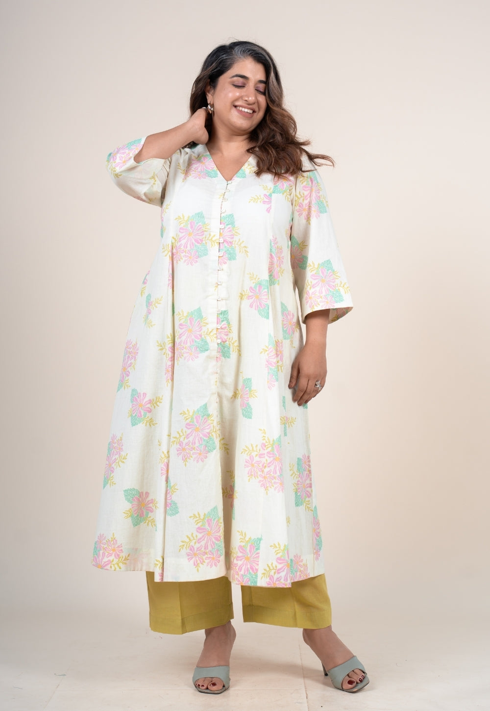 Raaya Off White Printed Cotton Kali Kurta