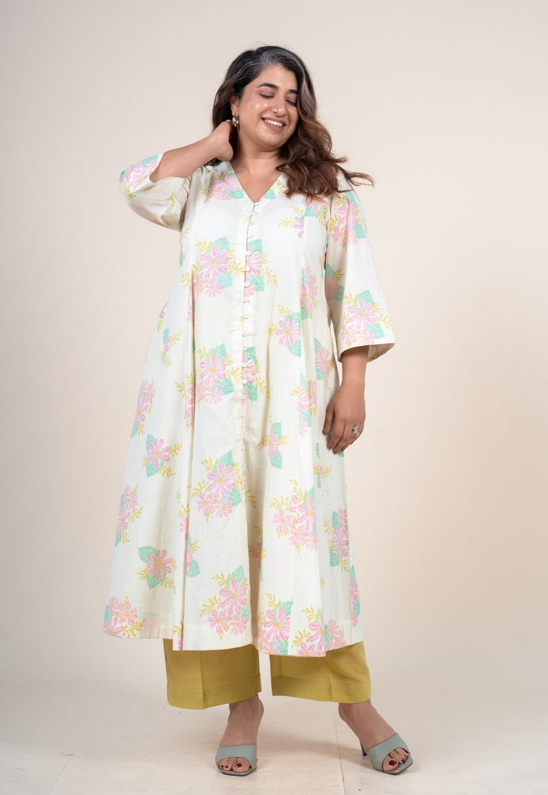 Raaya Off White Printed Cotton Kali Kurta