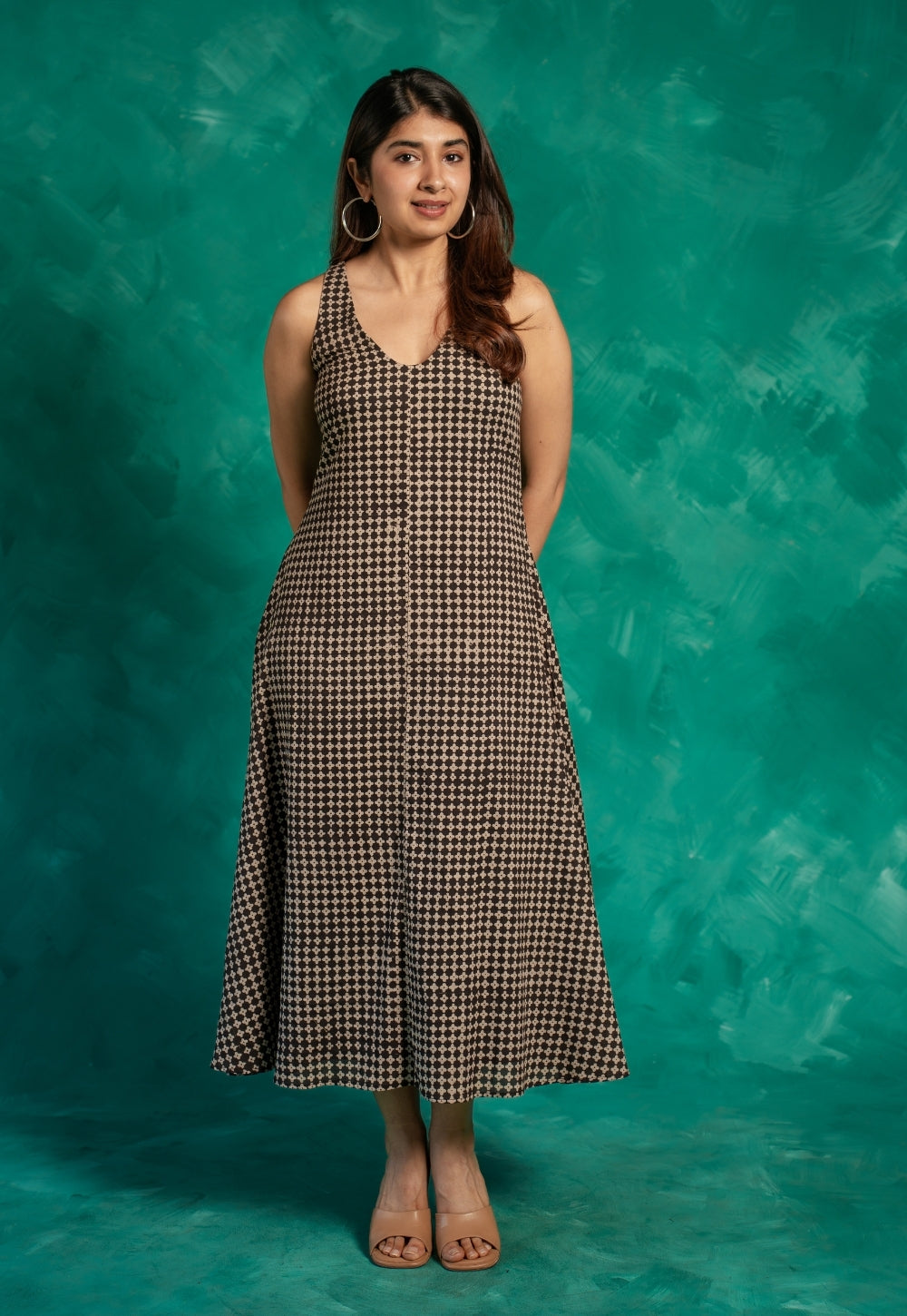 Mizoya Black Bagru Cotton A Line Dress
