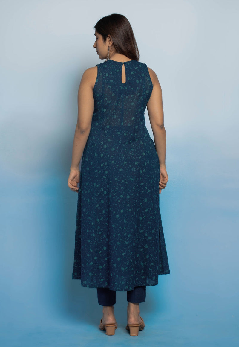 Tia Blue Dabu Mul Cotton Kali Kurta