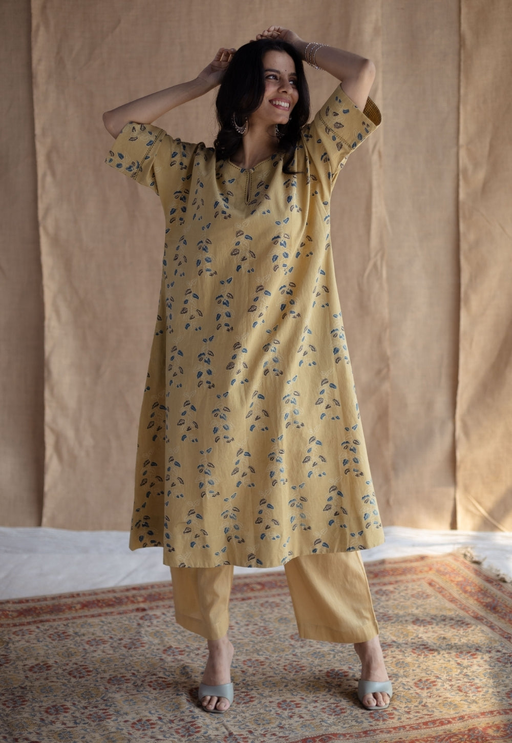 Anu Yellow Ajrakh Cotton A Line Kurta with Hand Embroidery