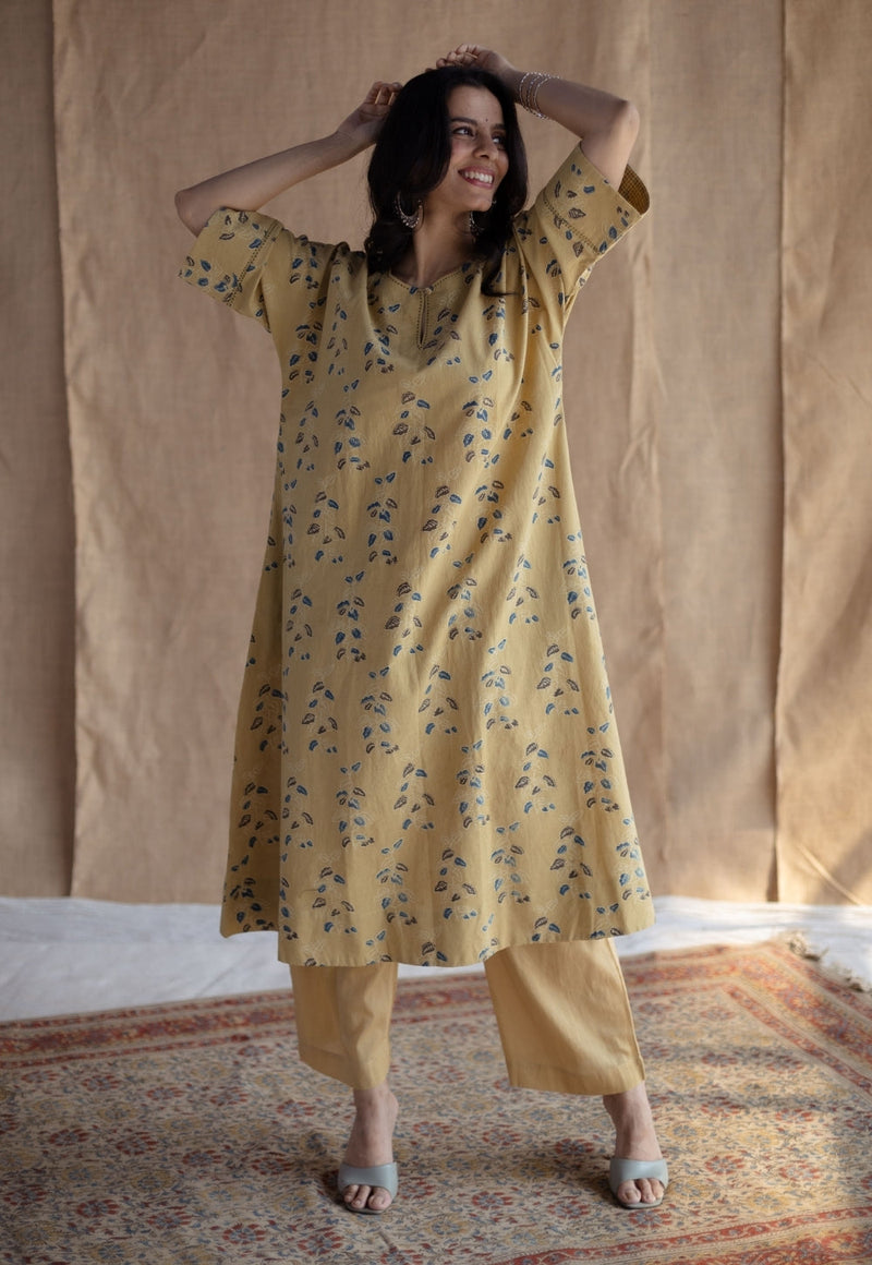 Anu Yellow Ajrakh Cotton A Line Kurta with Hand Embroidery