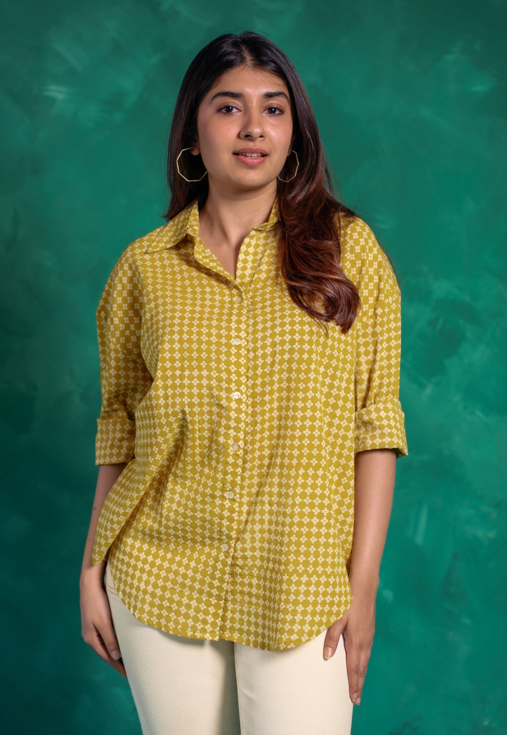 Ruhi Yellow Bagru Cotton Straight Shirt