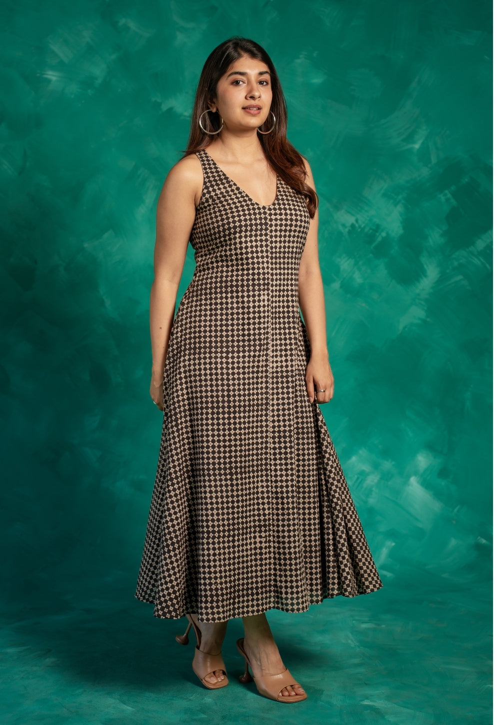 Mizoya Black Bagru Cotton A Line Dress