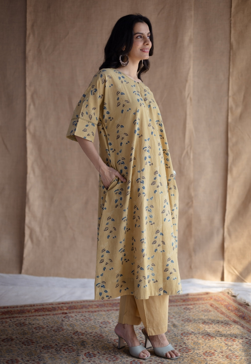 Anu Yellow Ajrakh Cotton A Line Kurta with Hand Embroidery