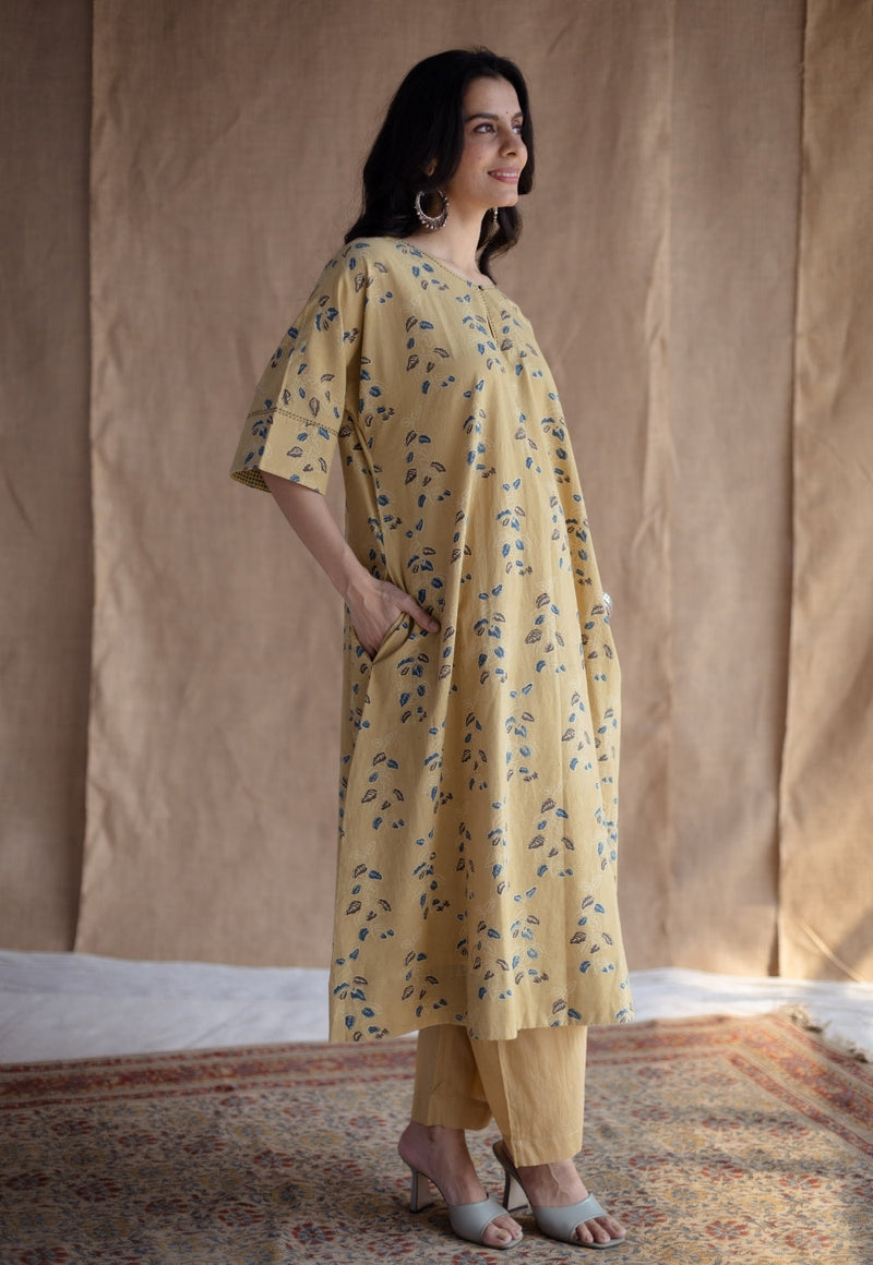 Anu Yellow Ajrakh Cotton A Line Kurta with Hand Embroidery