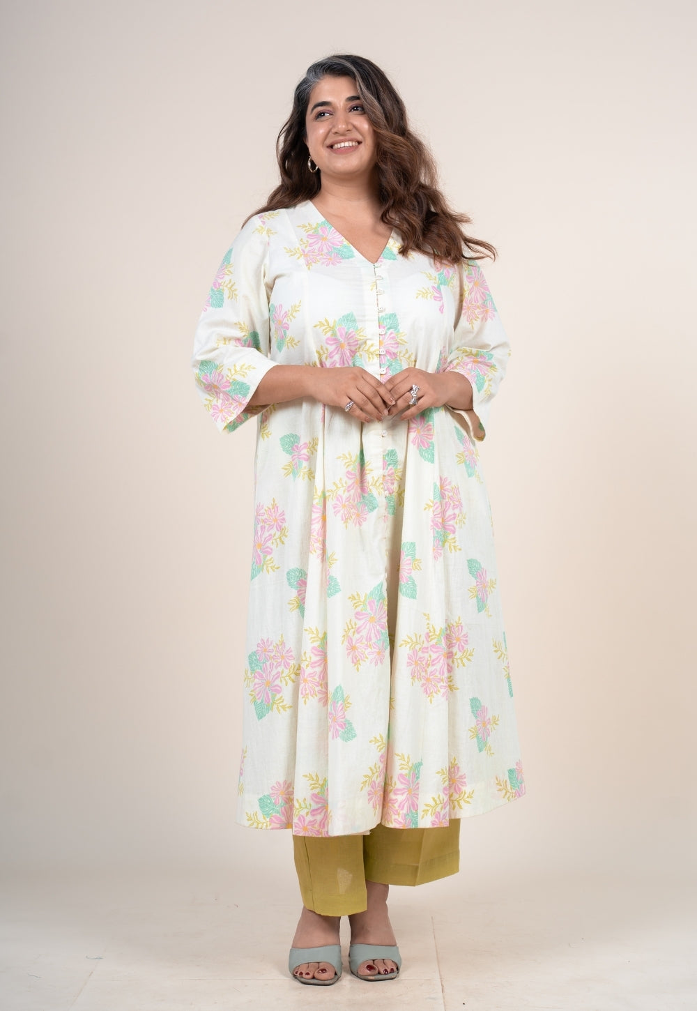 Raaya Off White Printed Cotton Kali Kurta