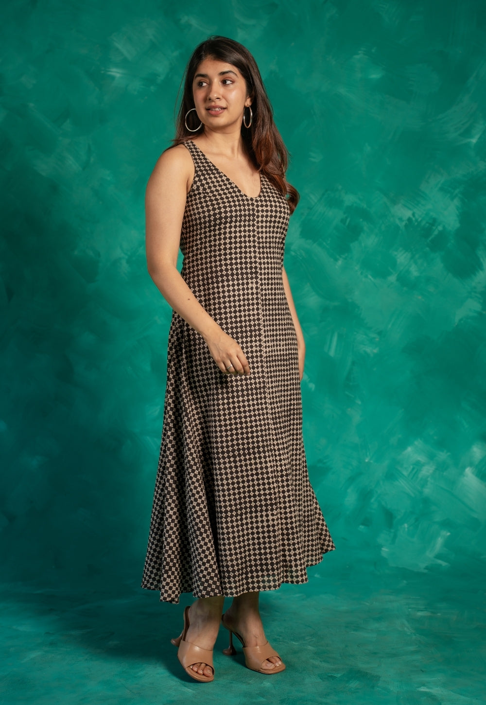 Mizoya Black Bagru Cotton A Line Dress
