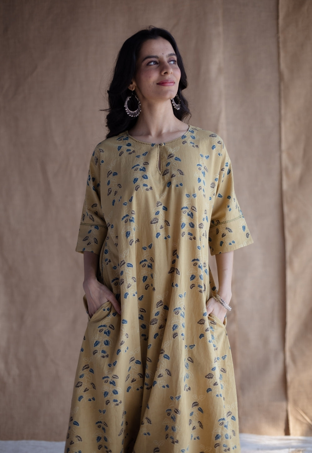 Anu Yellow Ajrakh Cotton A Line Kurta with Hand Embroidery