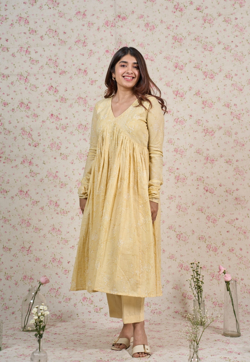 Amy Yellow Sanganeri Mul Cotton A Line Kurta