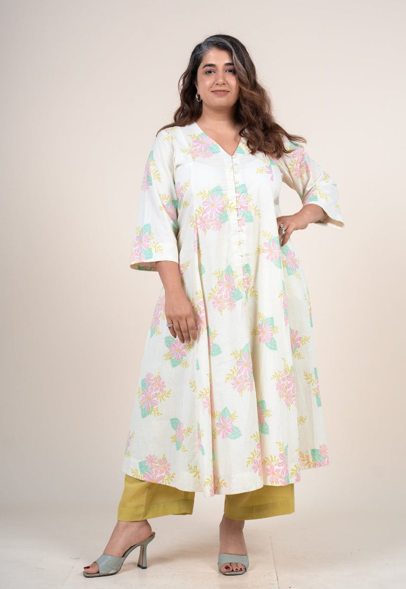 Raaya Off White Printed Cotton Kali Kurta