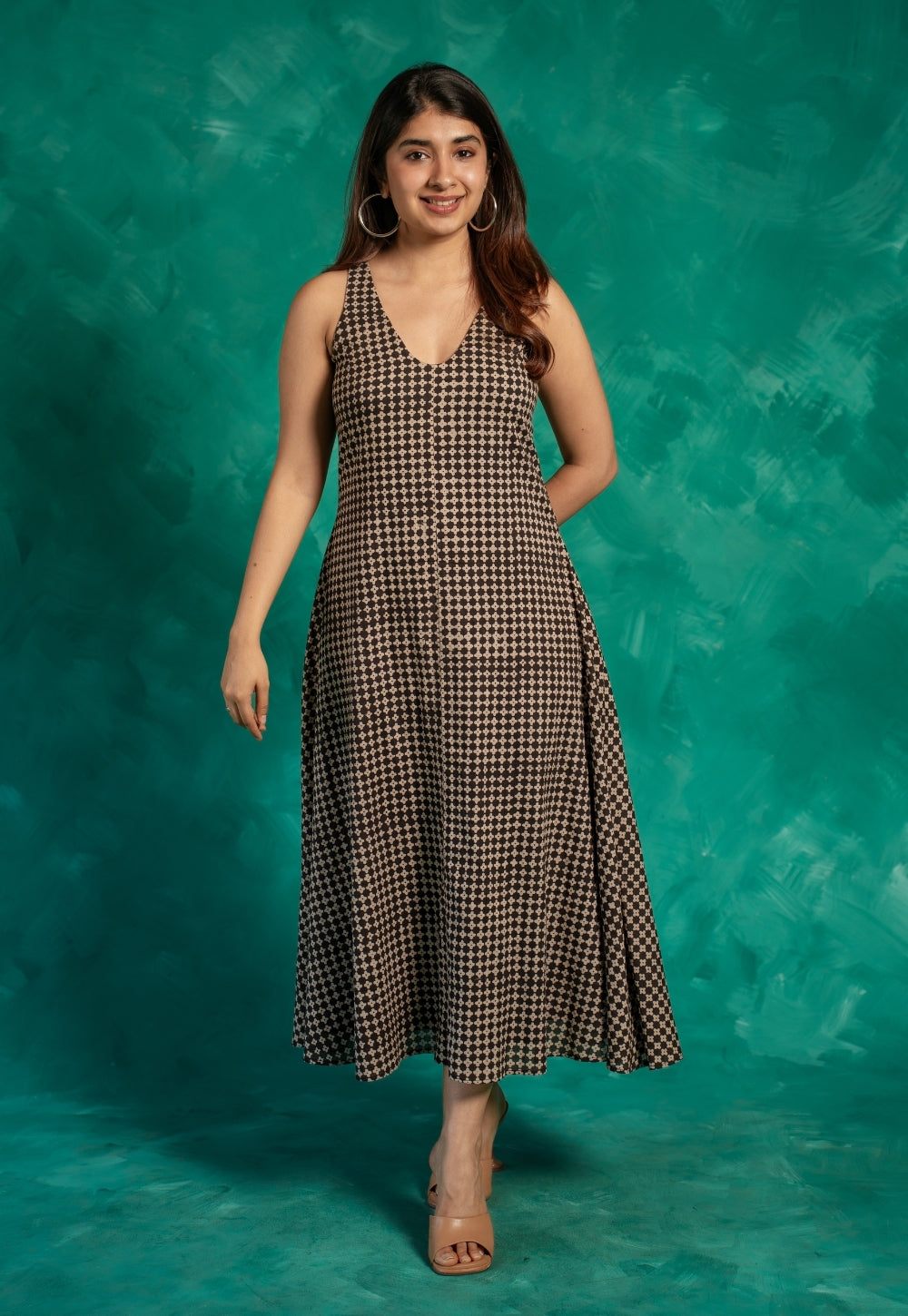 Mizoya Black Bagru Cotton A Line Dress