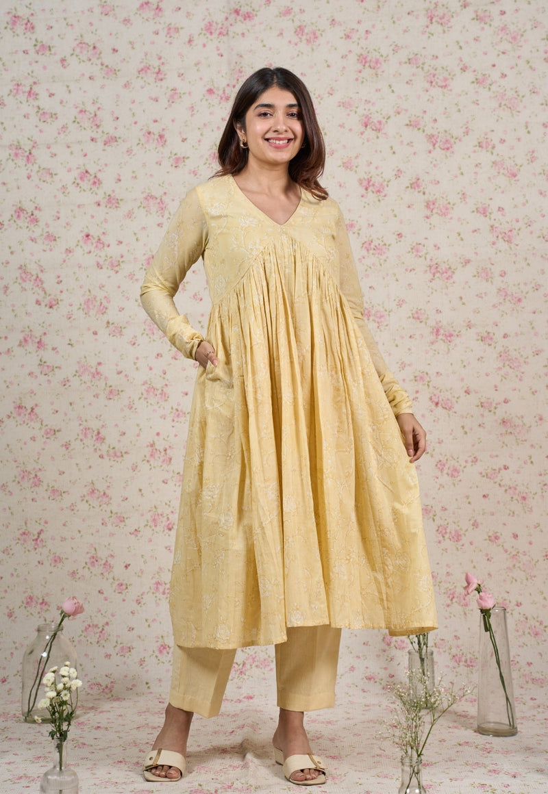 Amy Yellow Sanganeri Mul Cotton A Line Kurta