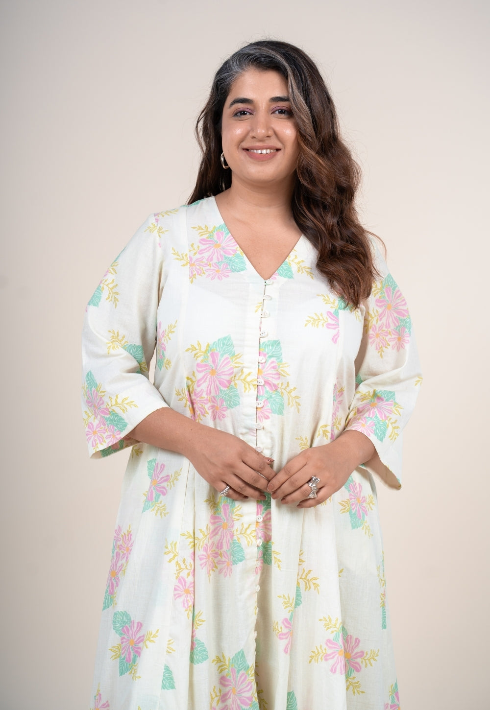 Raaya Off White Printed Cotton Kali Kurta