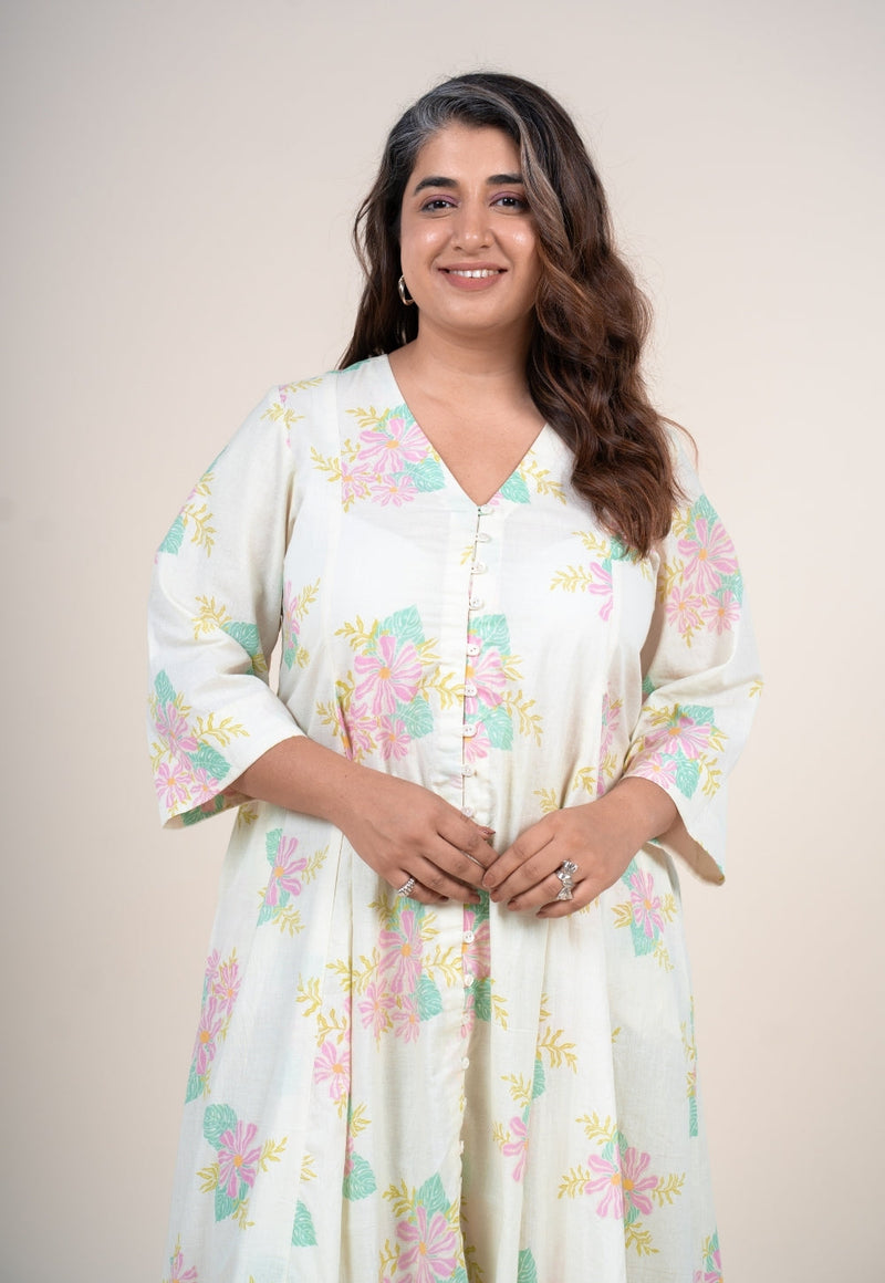 Raaya Off White Printed Cotton Kali Kurta