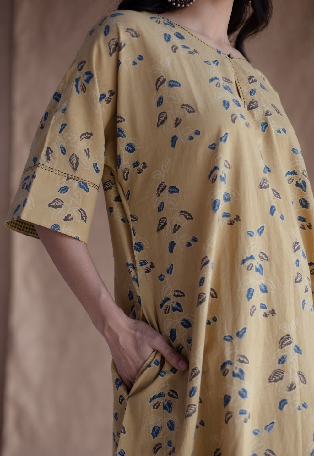 Anu Yellow Ajrakh Cotton A Line Kurta with Hand Embroidery