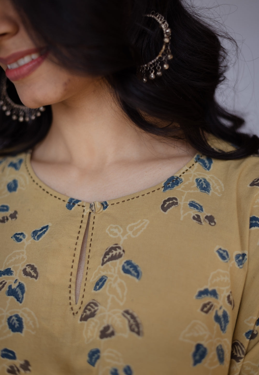 Anu Yellow Ajrakh Cotton A Line Kurta with Hand Embroidery