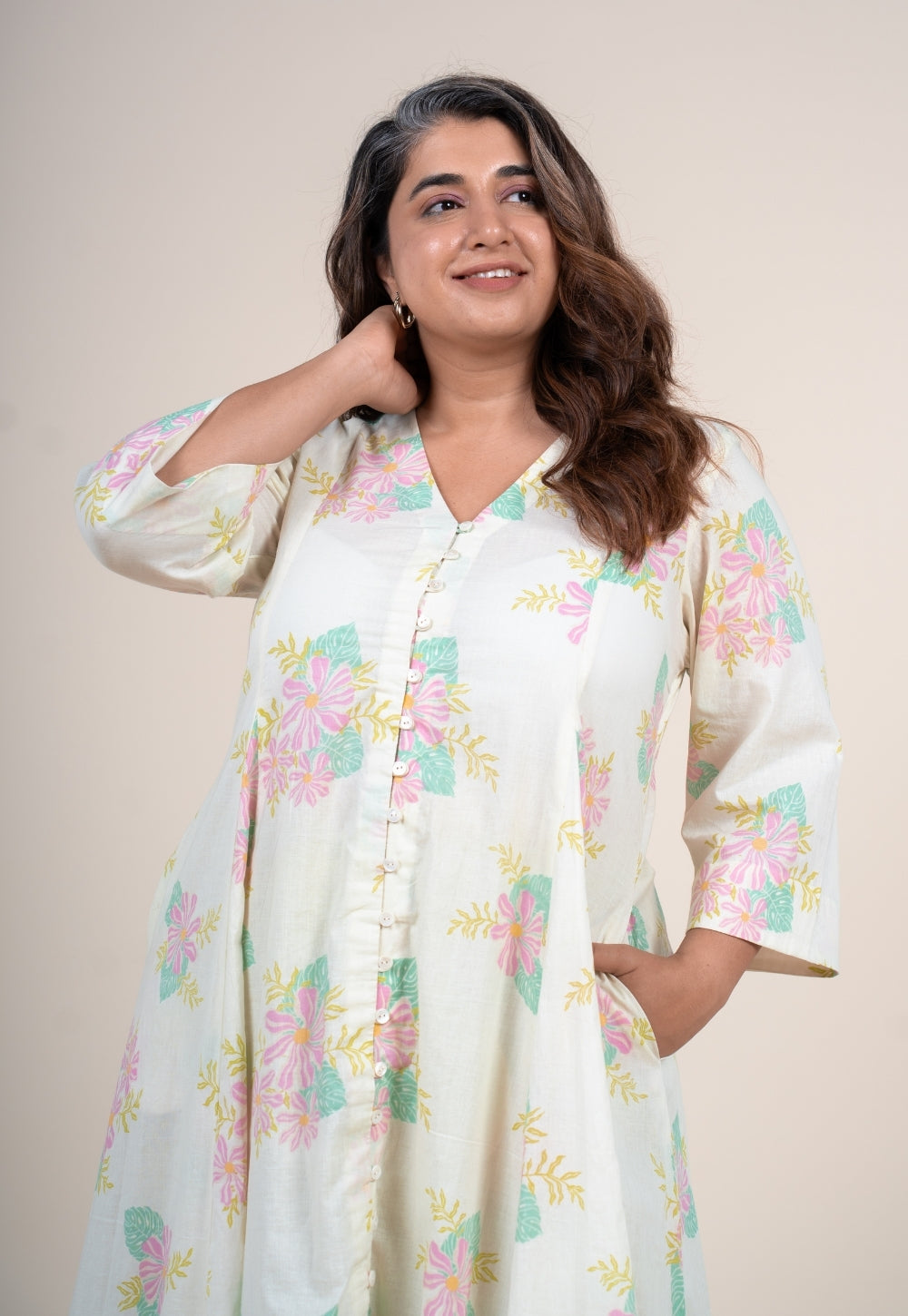 Raaya Off White Printed Cotton Kali Kurta