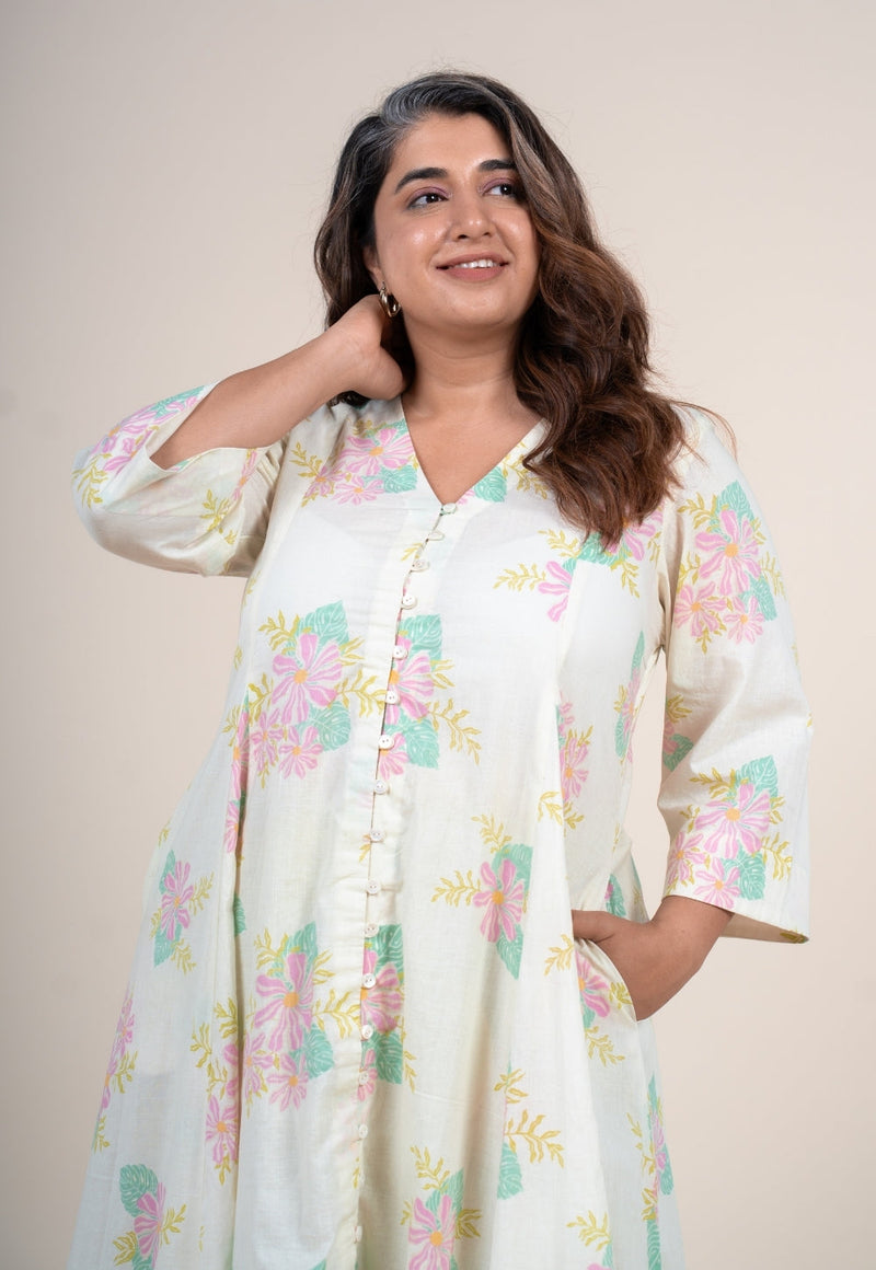 Raaya Off White Printed Cotton Kali Kurta
