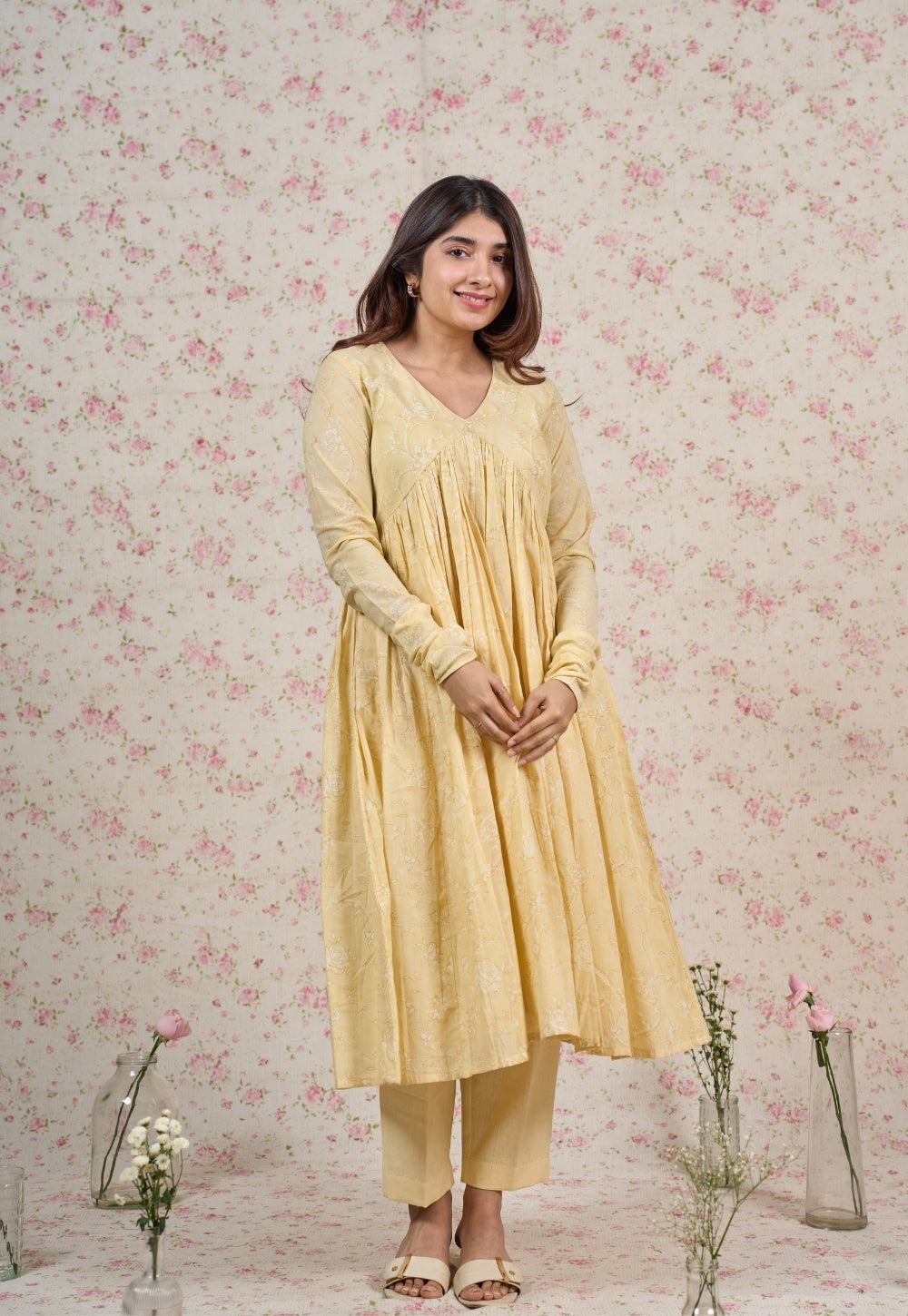 Amy Yellow Sanganeri Mul Cotton A Line Kurta