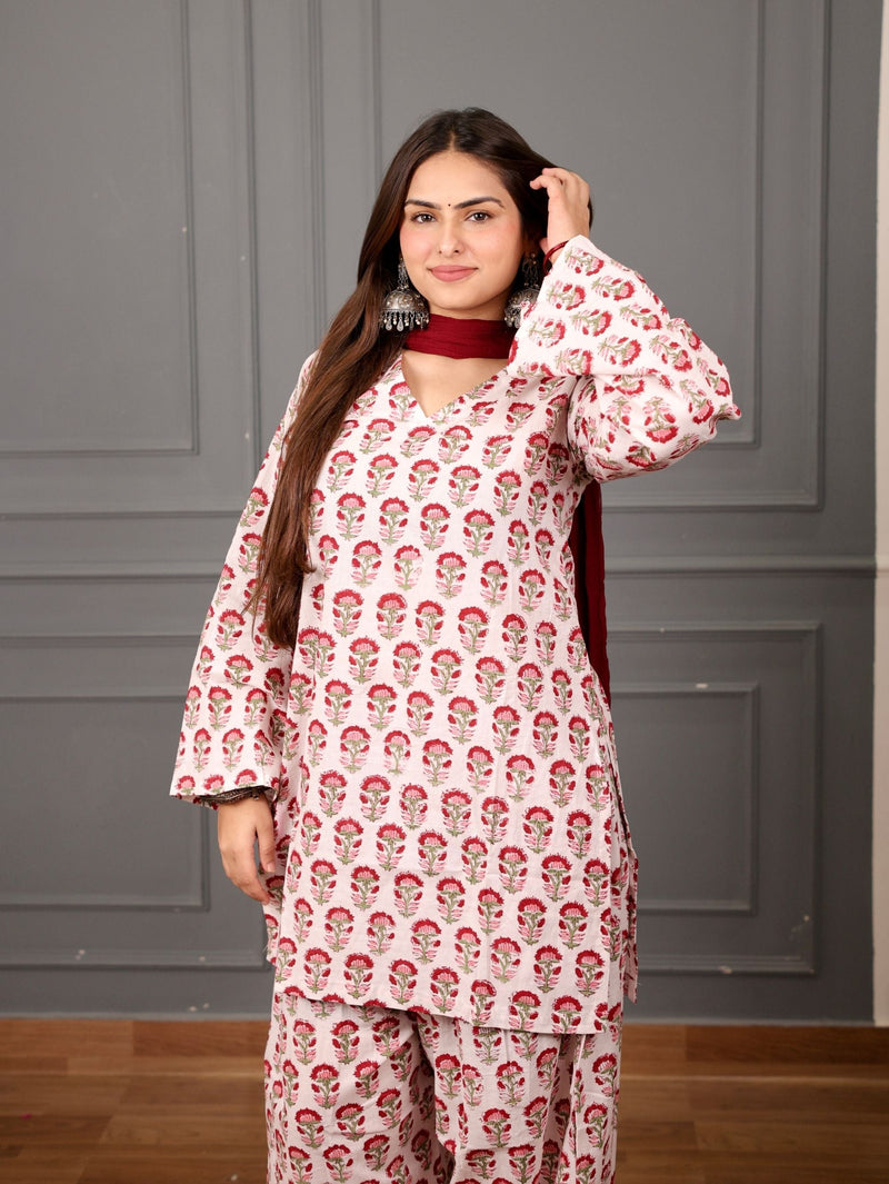 Gulbahar Cotton Farshi Salwar Suit Set with Chiffon Dupatta