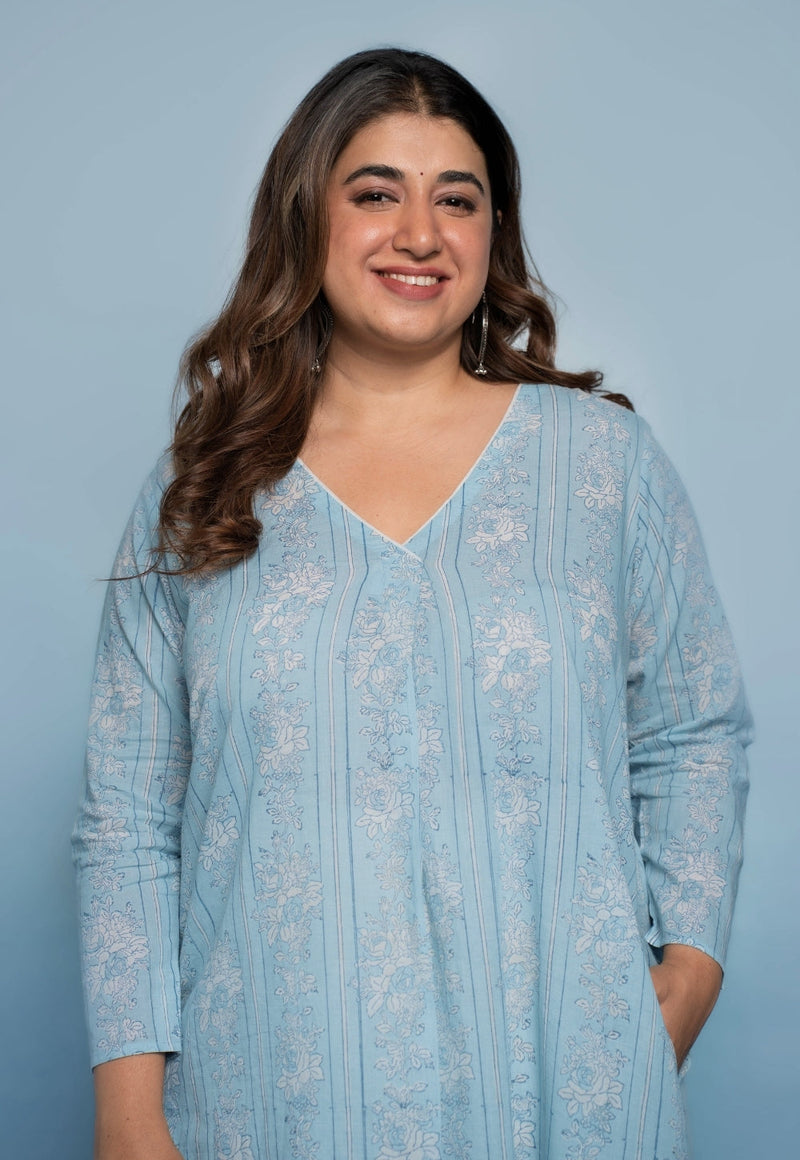 Raila Blue Dabu Mul Cotton Straight Kurta