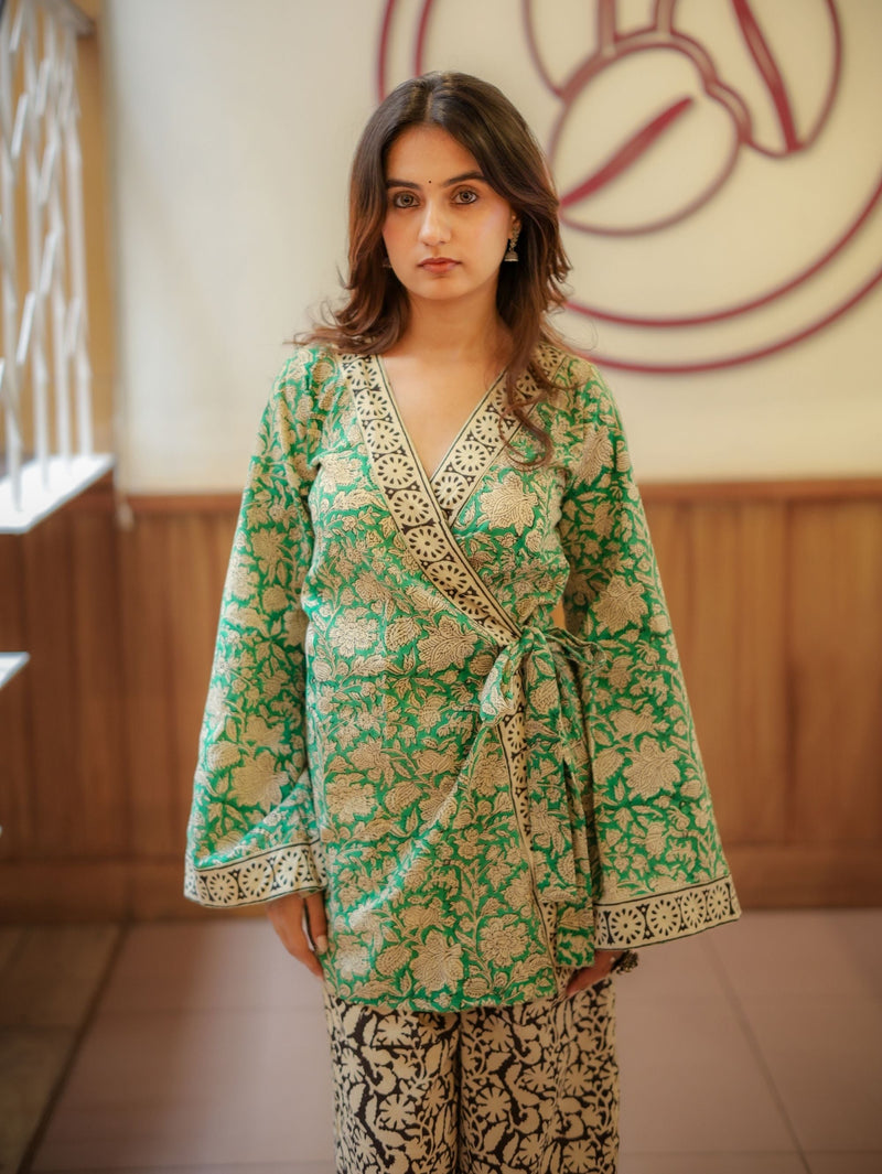 Mint Pista Handblock Wrap Top & Palazzo Set for Women
