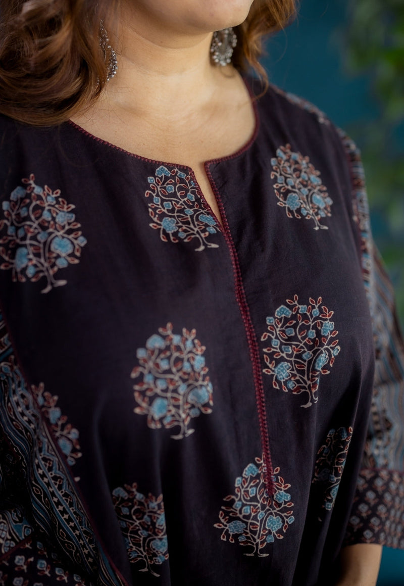 Garima Black Ajrakh Cotton Jhabbha Kali Kurta with Hand Embroidery