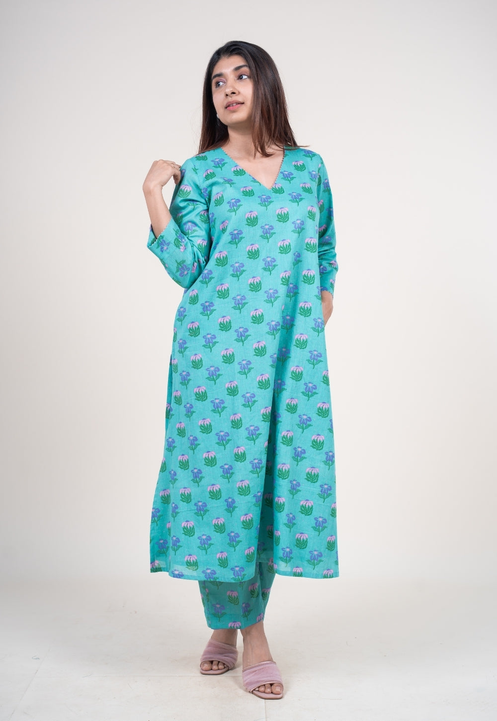 Reva Mint Green Printed Mul A Line Kurta with Hand Embroidery