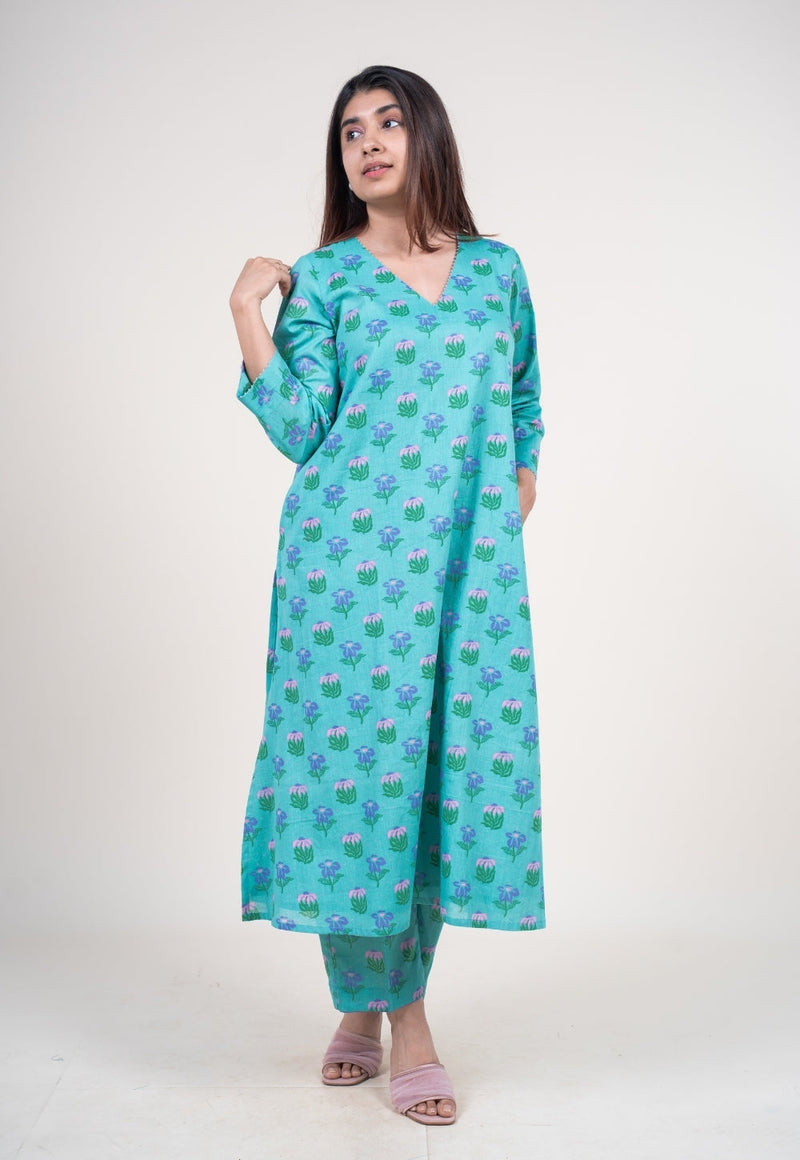 Reva Mint Green Printed Mul A Line Kurta with Hand Embroidery