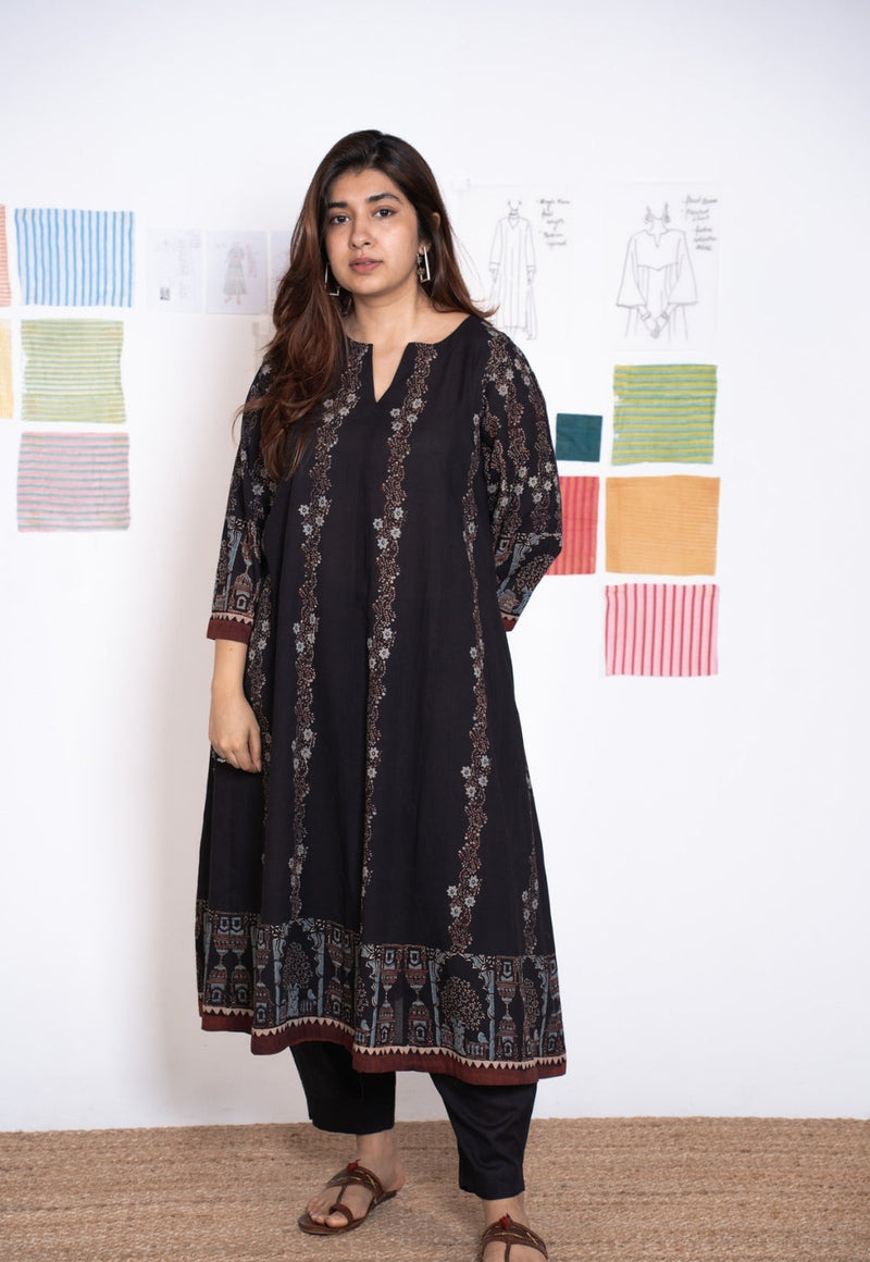 Prisha Black Ajrakh Cotton kali Kurta
