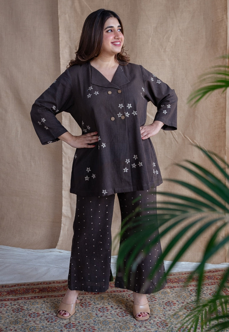 Samita Charcoal Straight Dabu Slub Cotton Co-Ord Set (Set of 2)