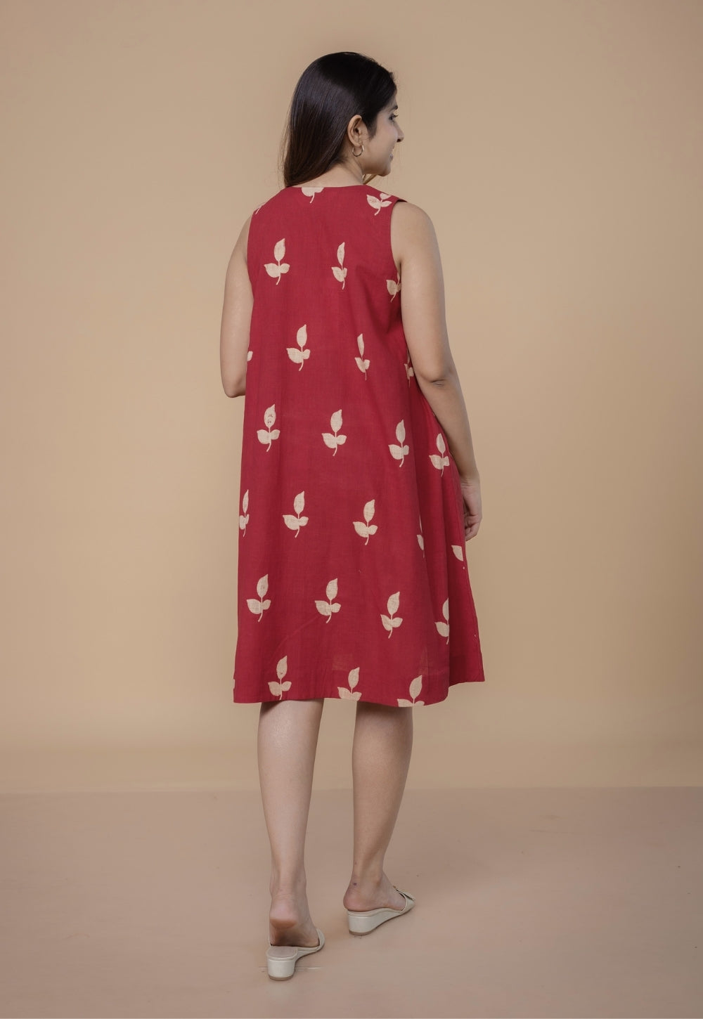 Siaa Red Dabu Slub Cotton A Line Dress