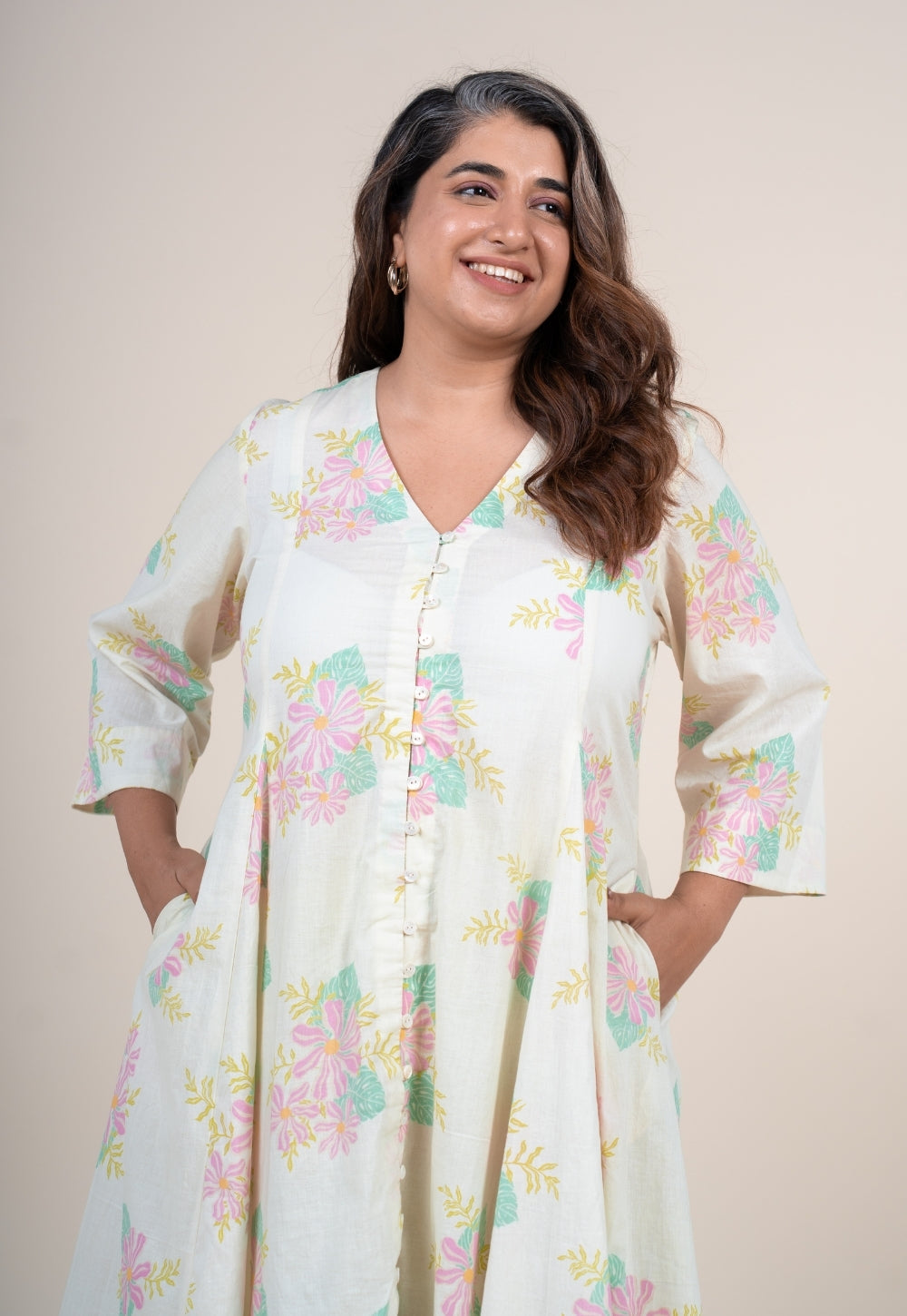 Raaya Off White Printed Cotton Kali Kurta
