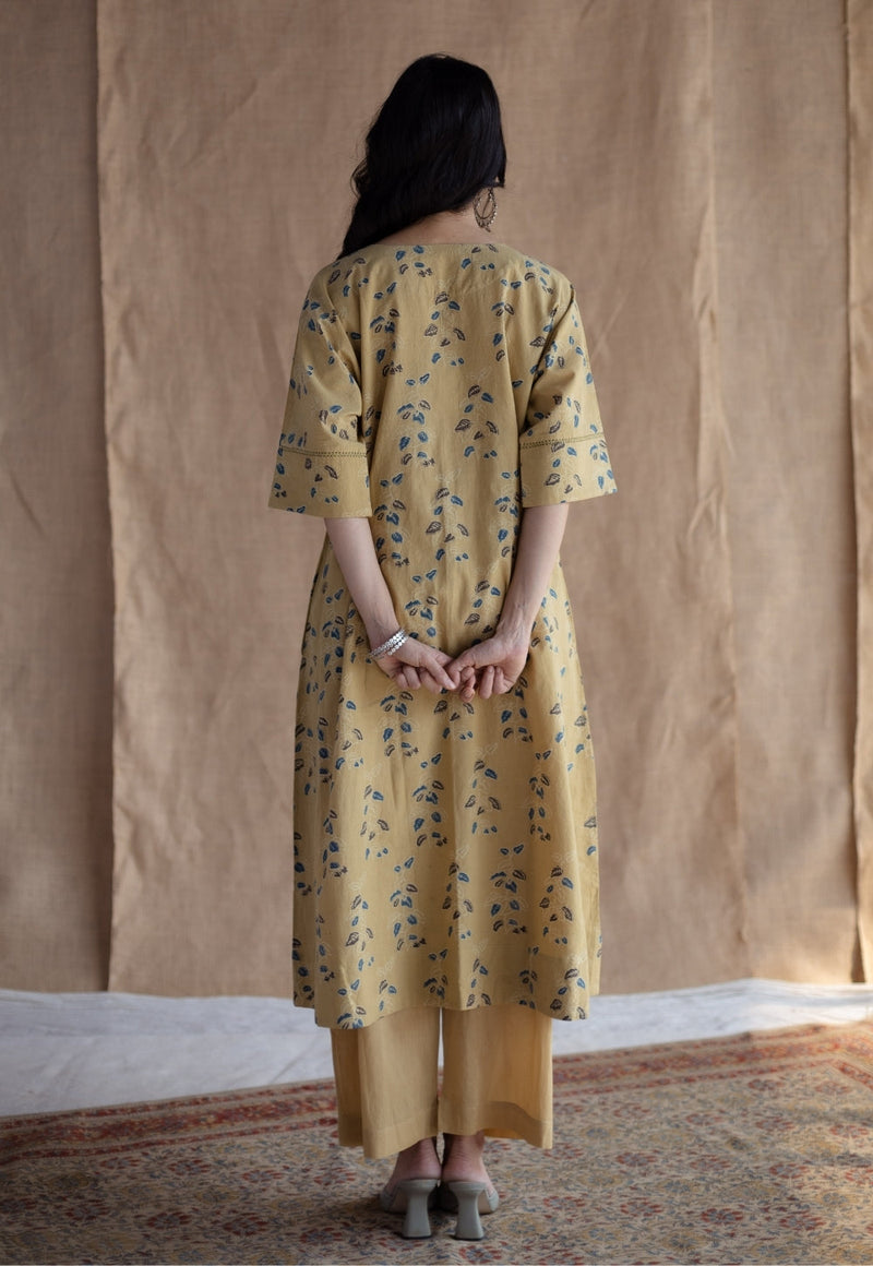 Anu Yellow Ajrakh Cotton A Line Kurta with Hand Embroidery
