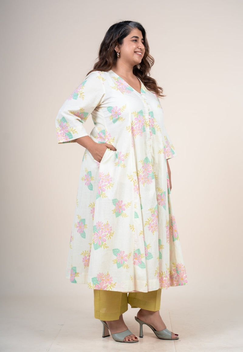 Raaya Off White Printed Cotton Kali Kurta