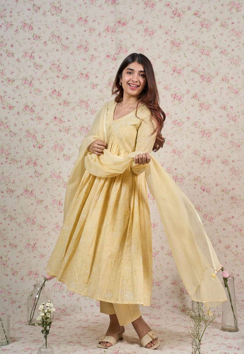 Amy Yellow Sanganeri Mul Cotton A Line Kurta