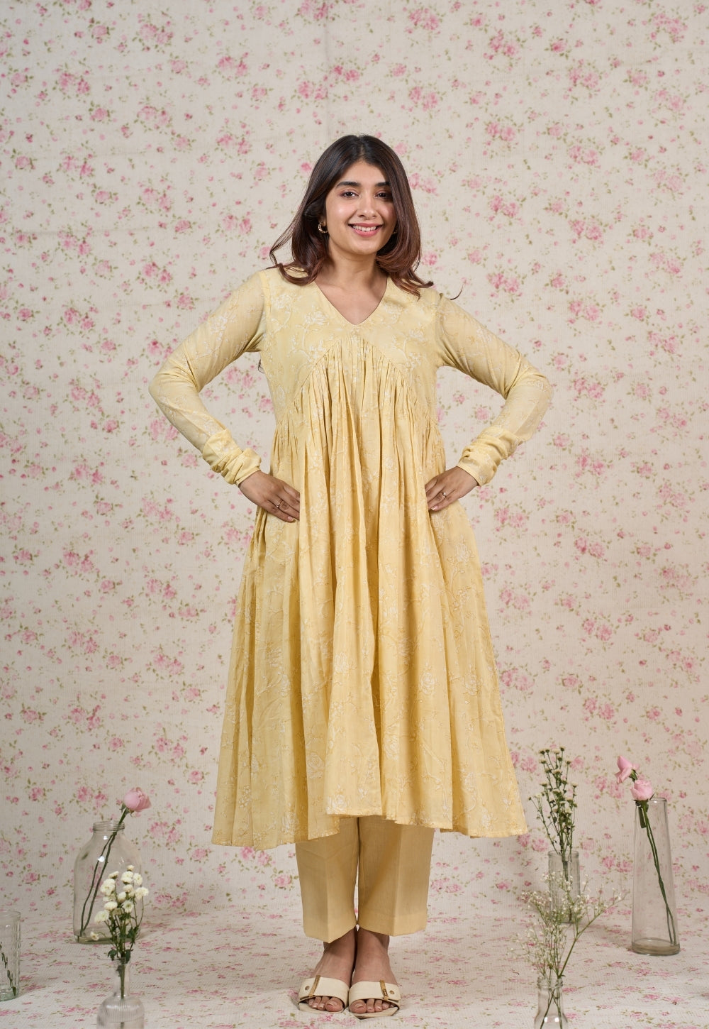 Amy Yellow Sanganeri Mul Cotton A Line Kurta