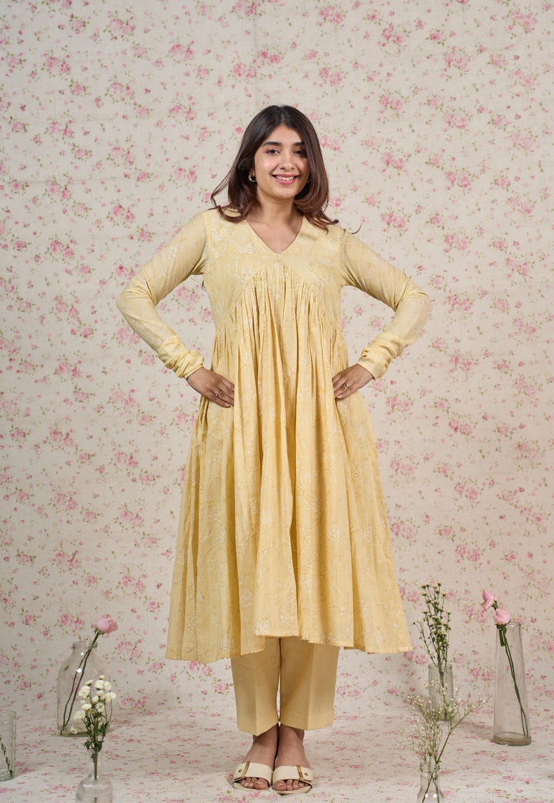 Amy Yellow Sanganeri Mul Cotton A Line Kurta