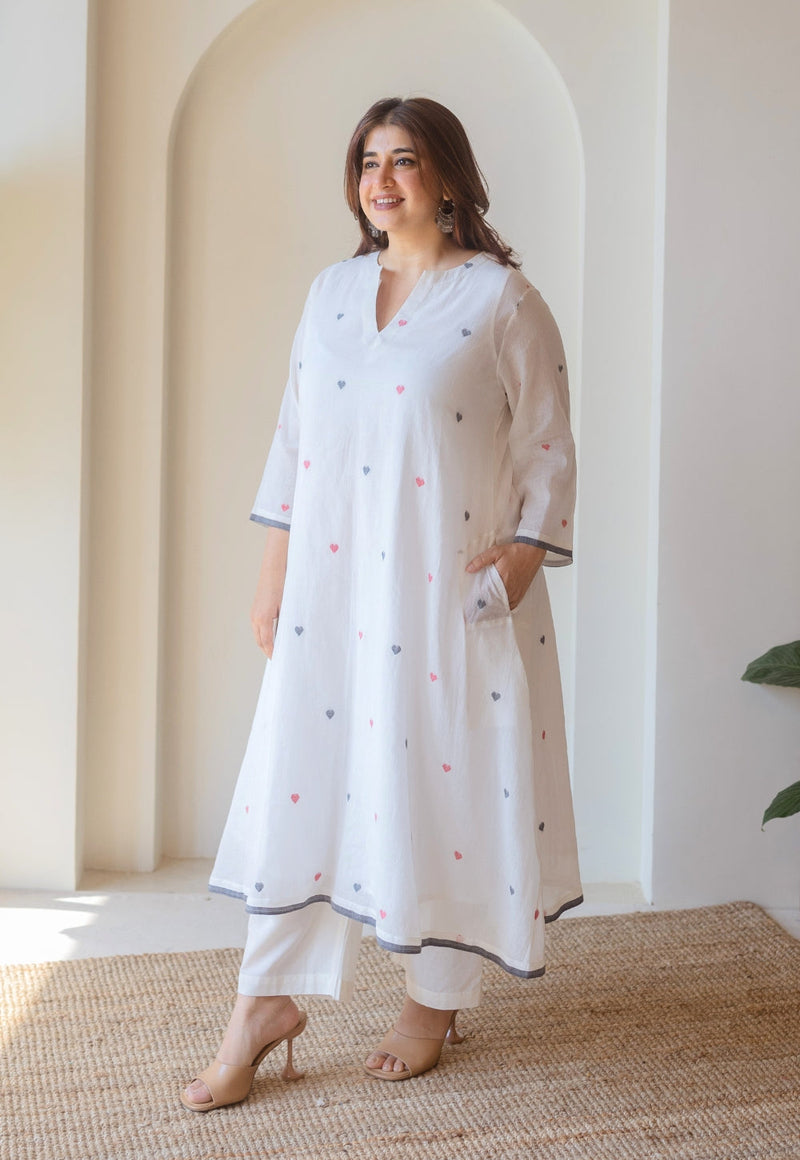 Ankita White Jamdani Handloom Cotton A Line Kurta