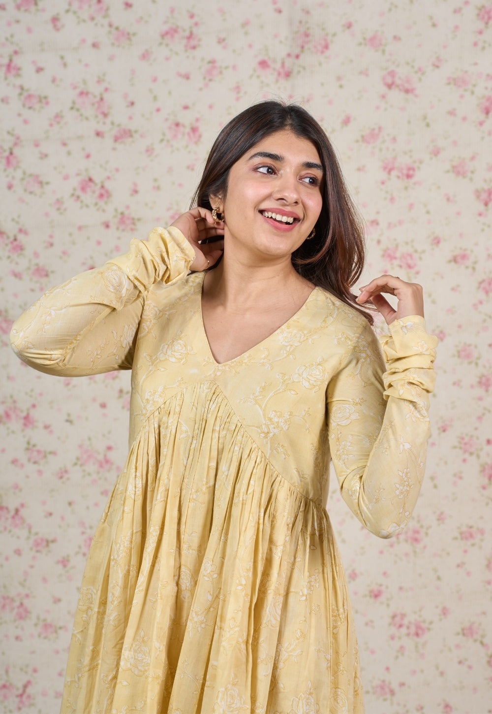 Amy Yellow Sanganeri Mul Cotton A Line Kurta