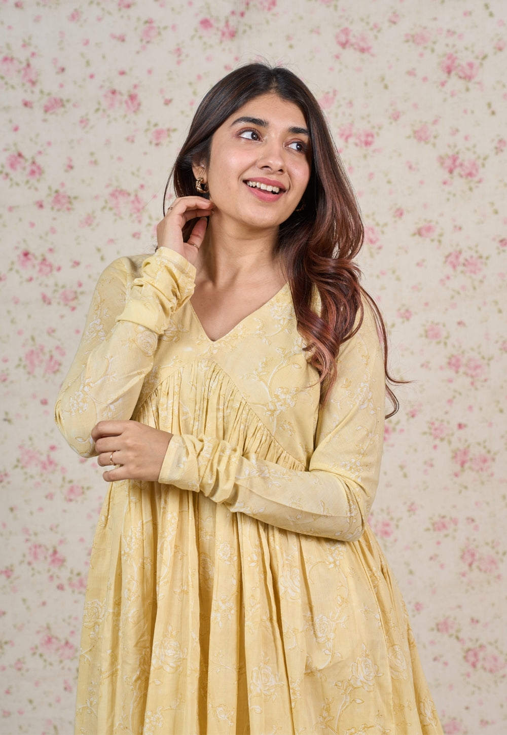 Amy Yellow Sanganeri Mul Cotton A Line Kurta
