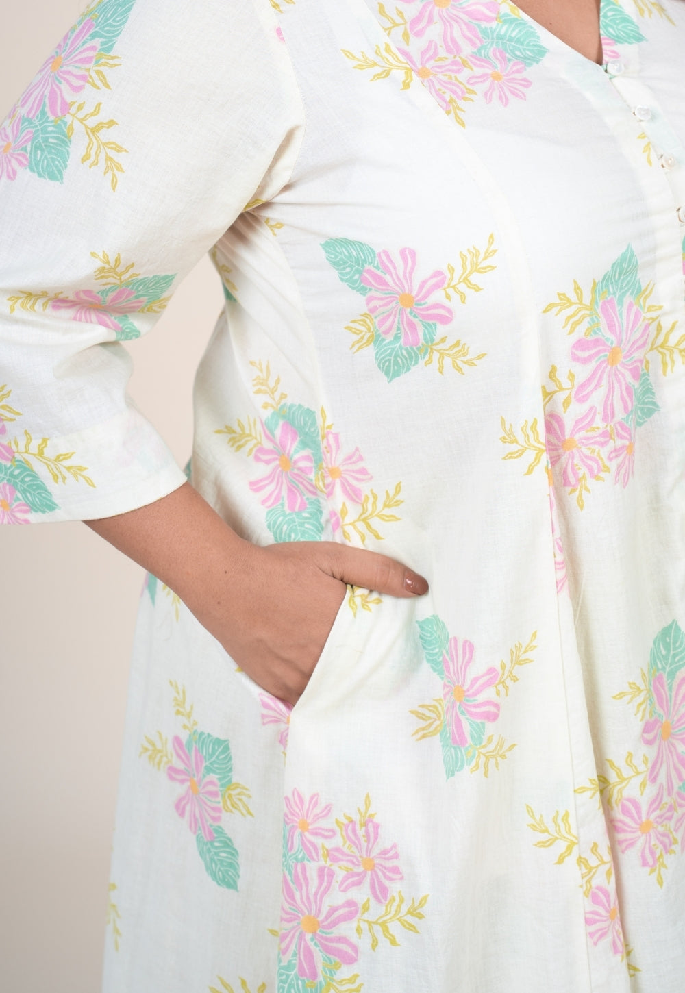 Raaya Off White Printed Cotton Kali Kurta