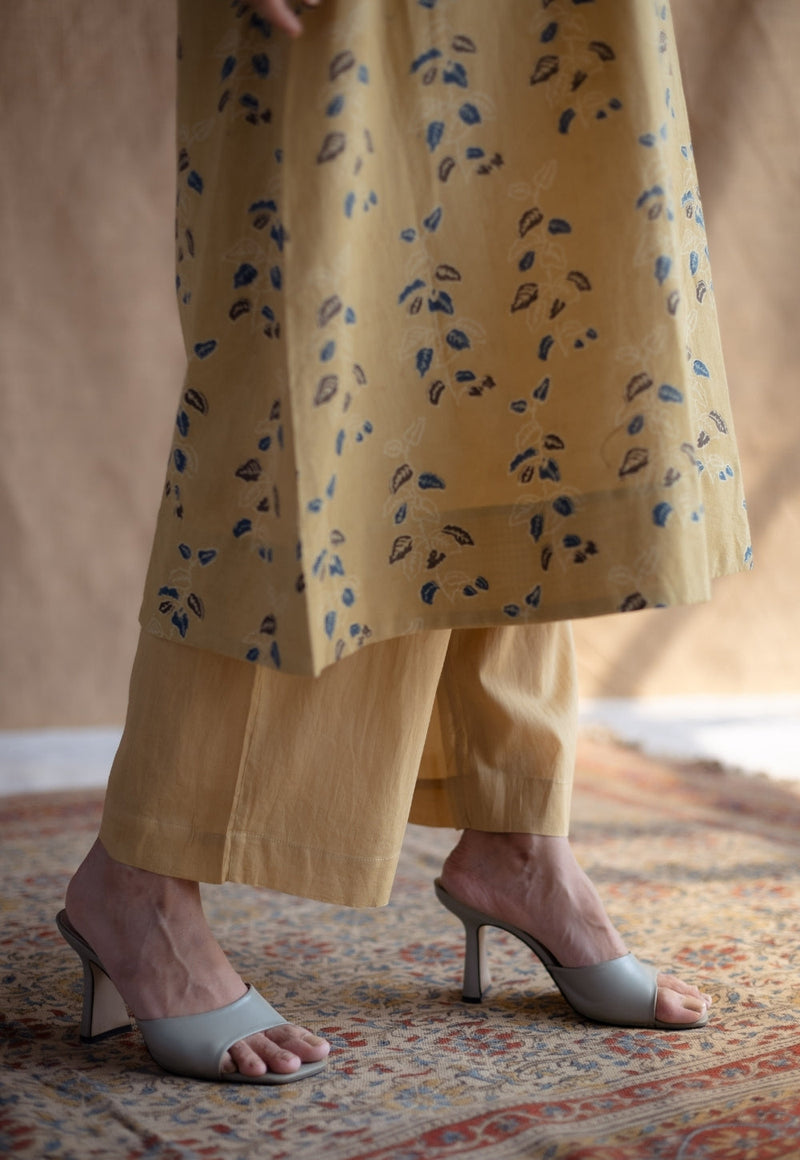 Yashi Yellow Solid Slub Cotton Straight Pant